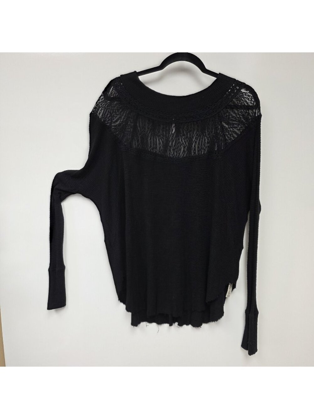 Free People Shirt Womens M Black Lace Crochet Thermal Long Sleeve Tunic Boho Top